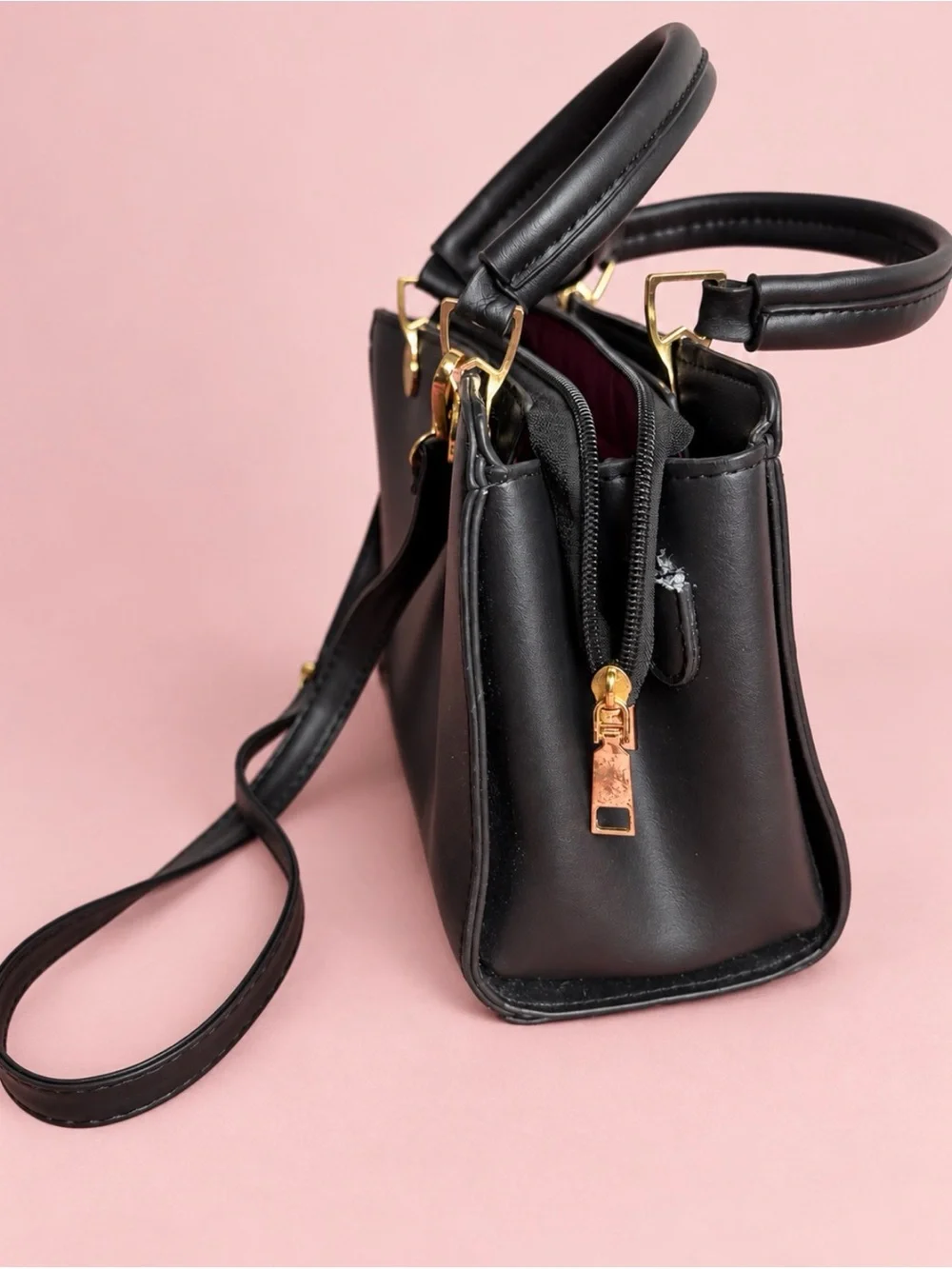 Black Structured Top-Handle Crossbody Bag